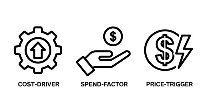 Business finance and economy concept icons for cost driver and spend factor with lightning investment increase business management corporate minimalist monetary transaction volatility