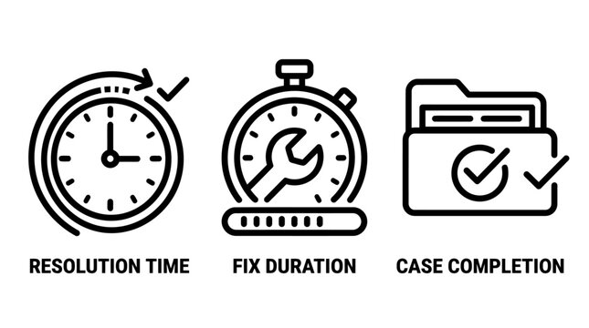 Business process resolution time fix duration and case completion outline icons set with resolution duration completion stopwatch checkmarks business management workflow efficiency technical