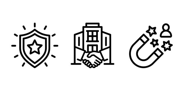 Business security shield partnership handshake and customer magnet attract icons with security handshake partnership customer business protection marketing corporate strategy teamwork