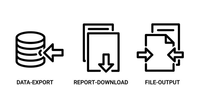 Data export and document management linear icon set with download document management transfer information database business computing processing documents technology application software
