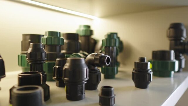 Close-up shot with rack focus movement across a warehouse shelf displaying various black and green plastic plumbing fittings, valves, and irrigation connectors for industrial water systems