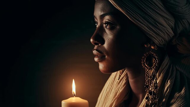 African American woman holding a glowing candle in a dark room at night