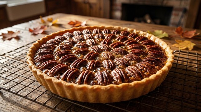 Homemade pecan tart on cooling rack with autumn leaves.