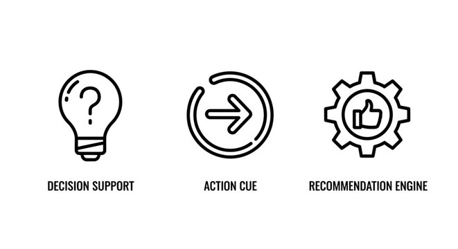 Decision support and recommendation engine conceptual icons including lightbulb idea action arrow gear feedback with decision recommendation lightbulb feedback strategy optimization business