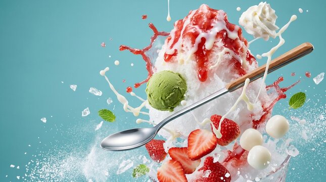 Strawberry and matcha shaved ice dessert with dynamic milk splash on teal background.