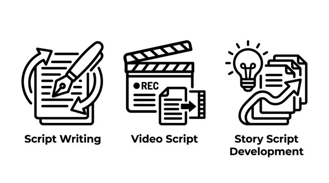 Set of script writing script story script development icons development clapperboard lightbulb creative filmmaking production narrative document planning directing authoring business