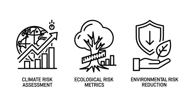 Environmental sustainability icons including climate risk assessment ecological metrics and risk reduction with environment sustainability assessment reduction protection corporate responsibilit