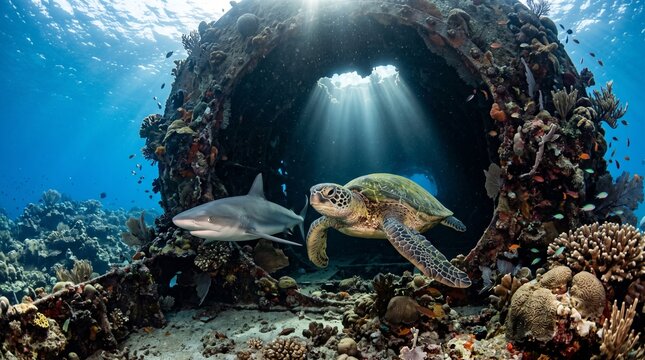 Sea turtle and shark swimming near coral reef underwater
