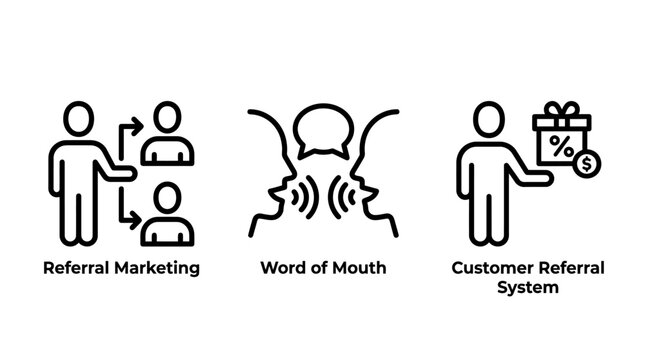 Business referral marketing and word of mouth icons with referral marketing customer business promotion advocacy recommendation communication strategy engagement influence dialogue