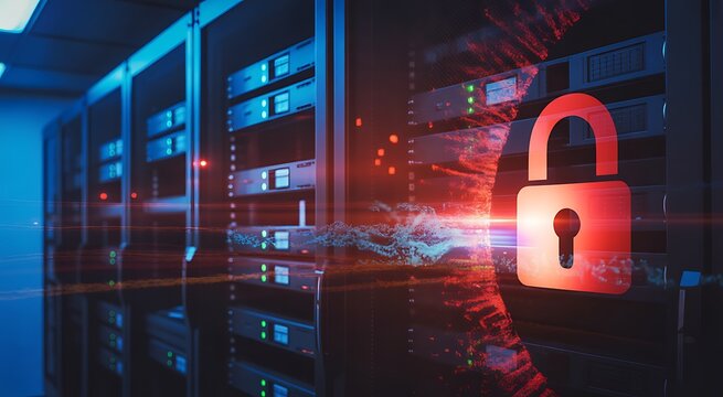 Server Room with Digital Padlock Representing Cybersecurity