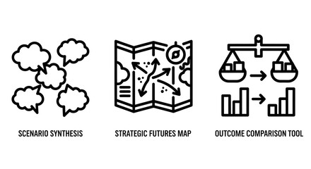 Fototapeta premium Business strategic planning icon set featuring scientific synthesis strategic futures map and outcome comparison tool business strategy planning analysis development management synthesis