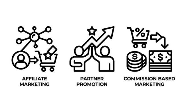 Set of affiliate marketing partner promotion commission based marketing icons affiliate marketing promotion commission business shopping ecommerce strategy earnings management