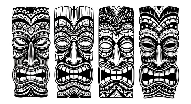 Four detailed black and white illustrations of traditional polynesian tiki carvings on a white background