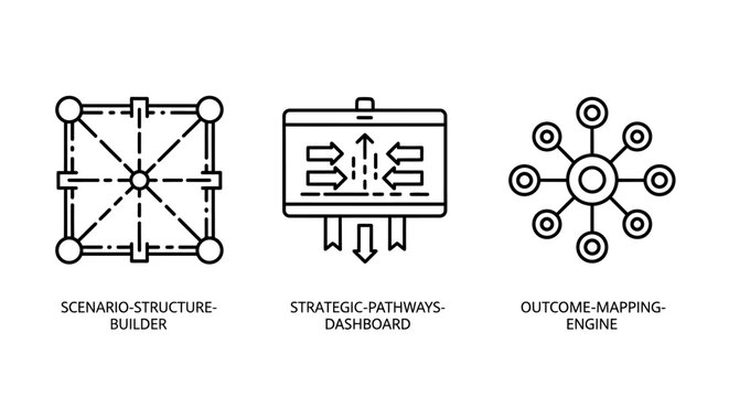 Strategic planning and structural analysis icon set featuring schematic grid structure directional path way arrows outcome mapping diagram strategy planning structure business analysis