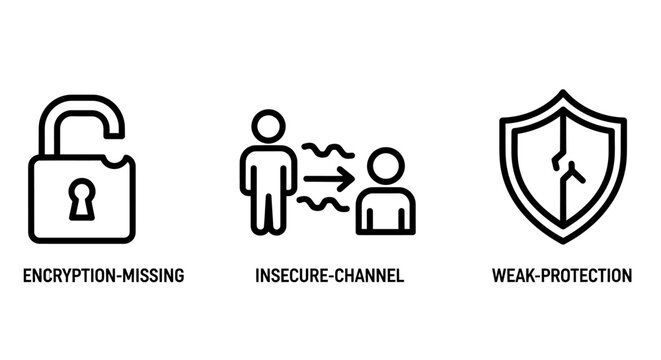 Set of cyber security icons representing encryption issues and weak system protection with security encryption protection vulnerability infographic internet information communication interface