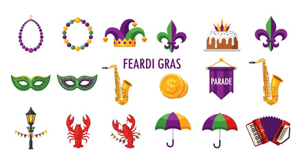 Mardi Gras colorful festive icons set. © Agung