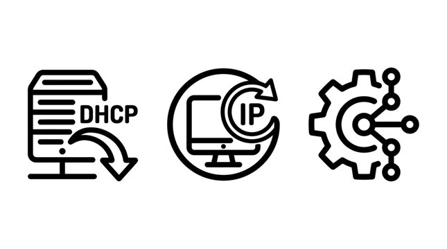 Network server dhcp configuration and ip address management icons with configuration internet computer settings protocol communication management connectivity infrastructure technical
