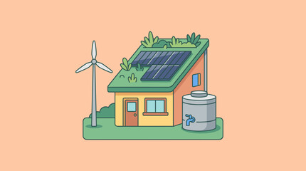 Fototapeta premium Eco Friendly Sustainable House Vector Illustration with Solar Panels and Wind Turbine