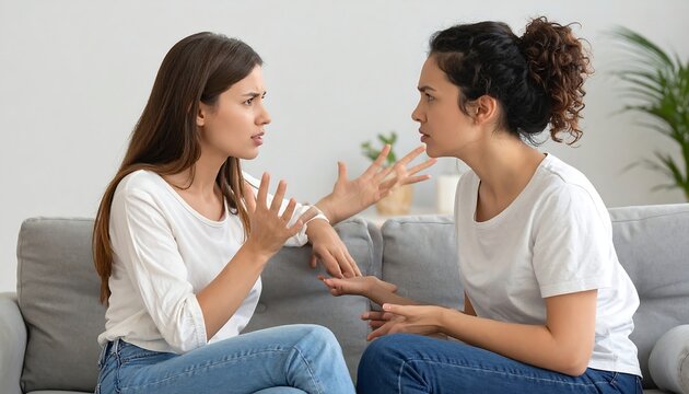 Two women arguing while sitting on couch