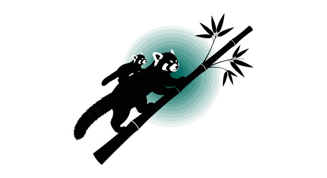 Two pandas resting on bamboo branch silhouette.