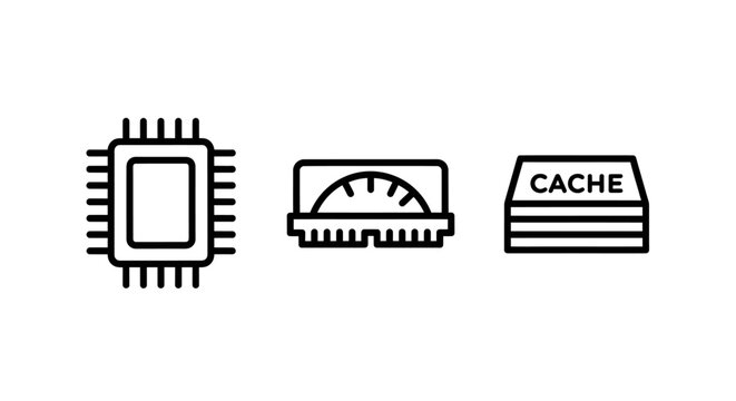 Computer hardware architecture icons set with processor hardware integrated computing technology component electronic microchip microprocessor performance infrastructure information