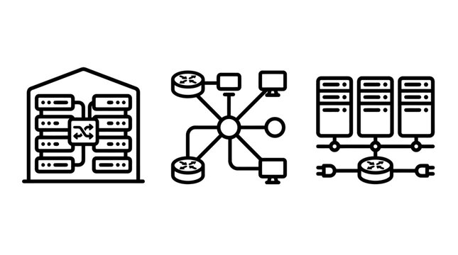 Data center networking and server infrastructure icons with datacenter infrastructure computing technology connectivity hardware configuration architecture enterprise connection information