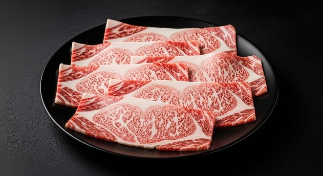 Premium marbled beef slices displayed on a black ceramic plate, showcasing intricate fat patterns for a yakiniku feast on a dark backdrop, food, preparation, ribeye