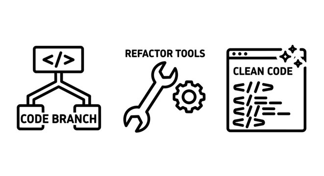 Software development and code maintenance linear icon set with development programming refactoring software engineering maintenance optimization computer application technology interface