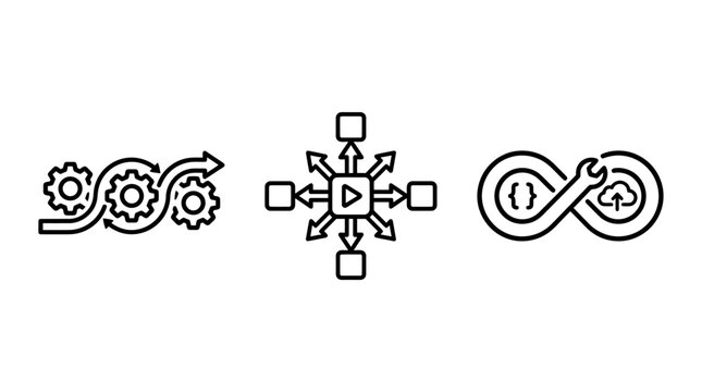 Dev ops process automation and infinite software lifecycle icons with automation software development lifecycle infinity workflow management deployment engineering technical integration