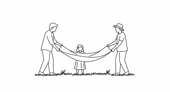 Family playing with a large parachute outdoors.