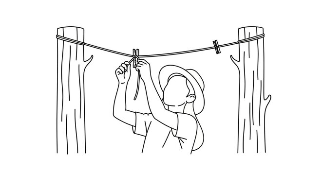 Woman hanging laundry on clothesline outdoors.