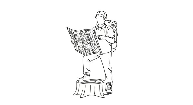 Man reading newspaper while standing on tree stump.