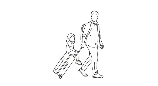 Father and child pulling suitcase while walking together.
