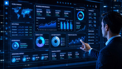 Fototapeta premium Business executive analyzing AI-powered analytics dashboard with real-time KPIs, financial insights, predictive trends, and enterprise performance.
