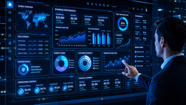 Business executive analyzing AI-powered analytics dashboard with real-time KPIs, financial insights, predictive trends, and enterprise performance.
