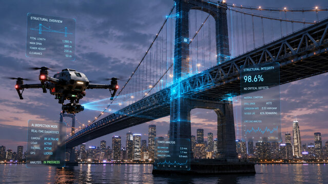AI drone inspecting a suspension bridge with real-time structural monitoring, digital diagnostics, predictive maintenance, and smart infrastructure.
