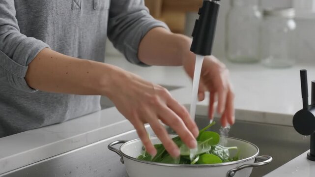 Close up of hands rinsing fresh green spinach leaves in a colander under running kitchen tap water