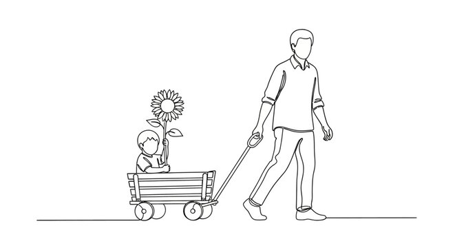 Father and child pulling a wagon with sunflower.