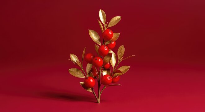 Ramo di pungitopo con foglie dorate e bacche rosse vivaci su sfondo rosso monocromatico. Composizione elegante e festiva per il Natale, inverno, isolato, lusso