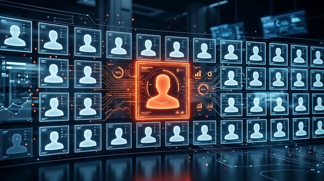 Futuristic digital interface with facial recognition technology, scanning and analyzing multiple human profiles in a hightech data surveillance network
