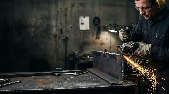 Industrial worker using angle grinder on steel beam with sparks