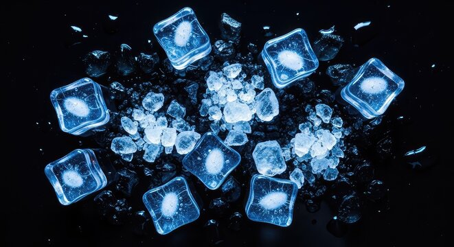 Top-down view of glistening ice cubes and crushed fragments on a dark black background, featuring cool blue highlights for a frozen texture, winter, top-down, moisture