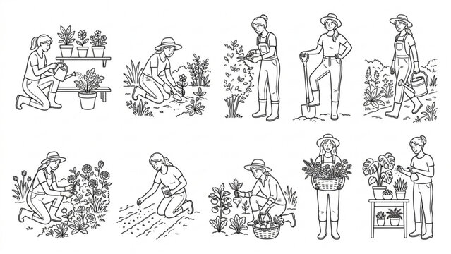 Gardening Woman Character Line Art Vector Set with Plants, Tools and Flower Care