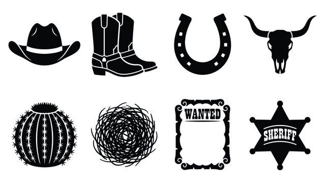 Wild West cowboy silhouette vector clipart set with hat boots horseshoe sheriff badge