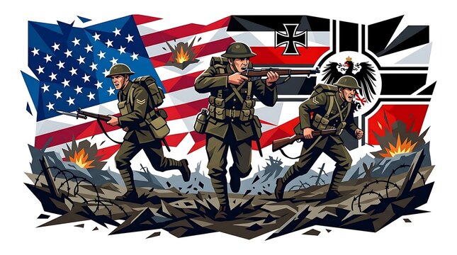 World war i american soldiers charging across a battlefield with us and german empire flags in the background, vintage military illustration style