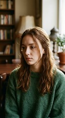 Obraz premium Thoughtful young woman in green sweater sitting in a cozy library