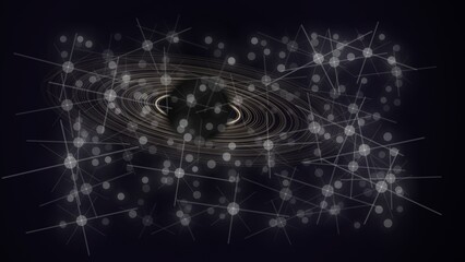 Abstract spiral galaxy with particles and lines on black background © kartika