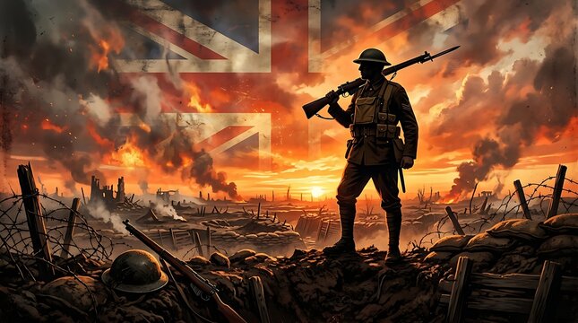 A world war i british soldier stands in a desolate, wartorn trench landscape at sunset, with a ghostly union jack flag looming in the smoky, fiery sky behind him, symbolizing sacrifice and history