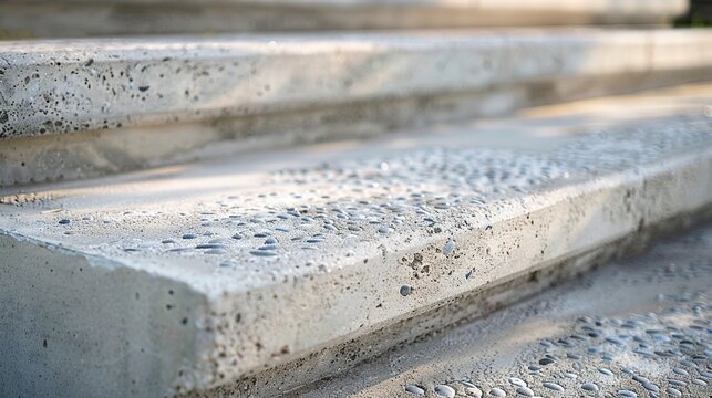 Worn concrete step exposed aggregate close up