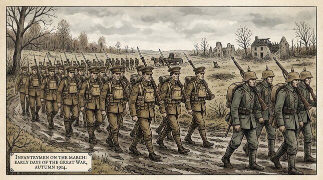 Illustration of british and german infantrymen marching together on a muddy road during the early days of world war i in autumn 1914, historical military scene